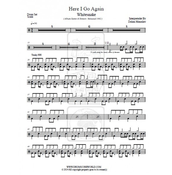 Whitesnake- Here I Go Again,Drum Score, Drum Sheet,Drum Note,Drum ...