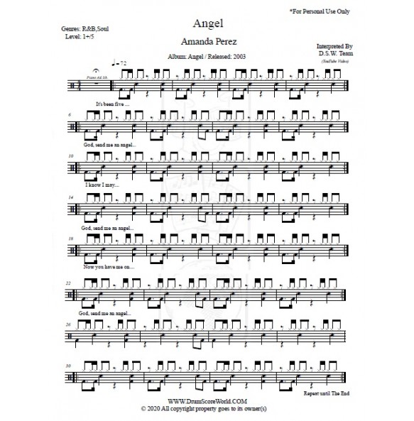 Amanda Perez - Angel - Drum Sheet - Drum Score - Drum Note - Drum ...