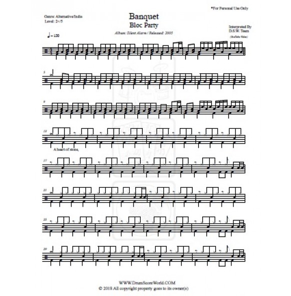 Bloc Party - Banquet - Drum Score, Drum Sheet,Drum Note,Drum ...