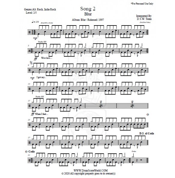 Blur - Song 2 - Drum Score,Drum Sheet,Drum Note,Drum Transcription ...