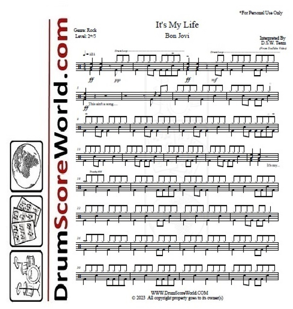 Bon Jovi - It's My Life - Drum Sheet - Drum Score - Drum Note - Drum ...