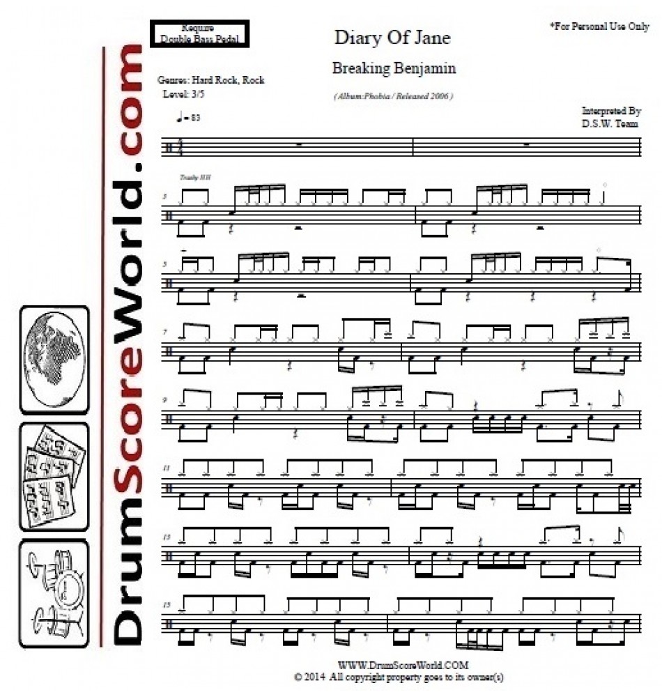 Breaking Benjamin - The Diary of Jane - Drum Sheet - Drum Score - Drum ...