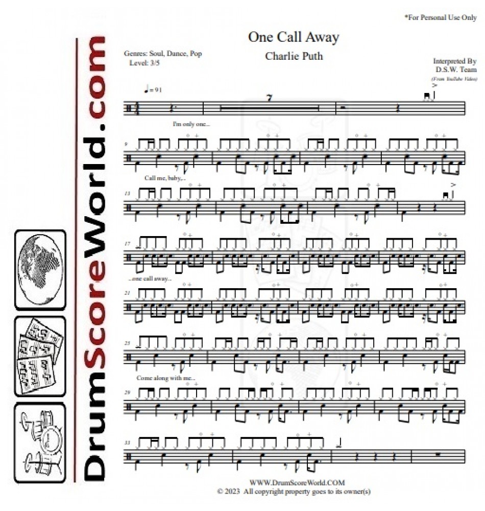 Charlie Puth - One Call Away - Drum Sheet, Drum Score, Drum Note, Drum ...