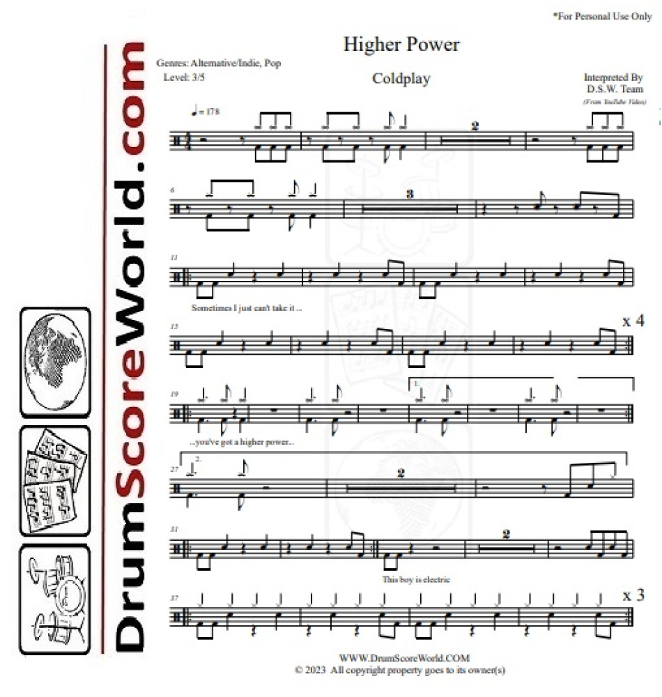 Higher Power Coldplay - Higher Power - Drum Sheet - Drum Score - Drum Note - Drum ...