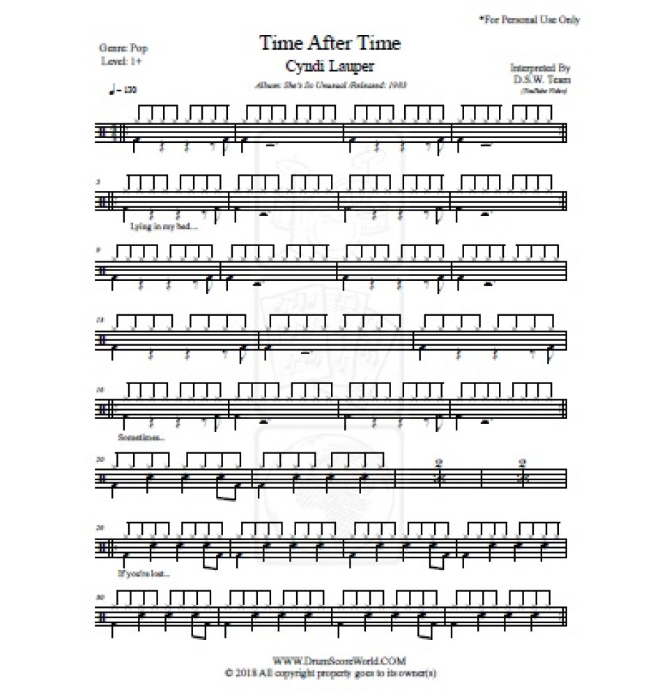 Time After Time Cyndi Lauper - Time After Time - Drum Score - Drum Sheet - Drum Note ...