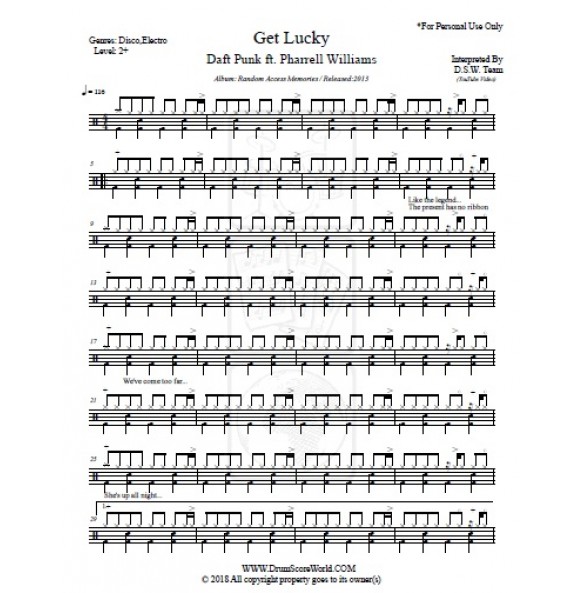 Daft Punk - Get Lucky - Drum Score, Drum Sheet, Drum Note, Drum ...