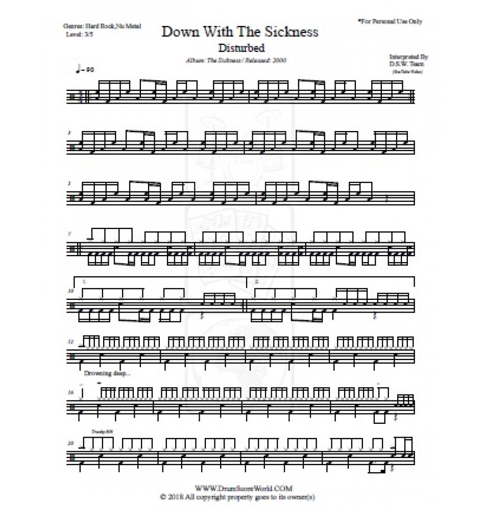 Down with the sickness. Ноты для барабанов down with the Sickness. Disturbed down with the Sickness барабанные Ноты. Disturbed - down with the Sickness Ноты на барабанах. Down with the Sickness Disturbed Tabs.