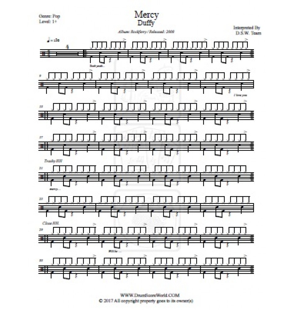 Duffy - Mercy - Drum Drum Sheet,Drum Note,Drum Transcription,Score De de batteries,鼓得分,鼓谱,북 점수, Schlagzeug-Score,Punteggio Di Batteria,Puntaje De Batería,Pontuação do tambor,드럼악보]위잉위잉,ドラムスコア,