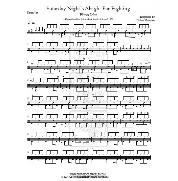 Elton John - Saturday Night's Alright - Drum Score,Drum Sheet,Drum Note ...