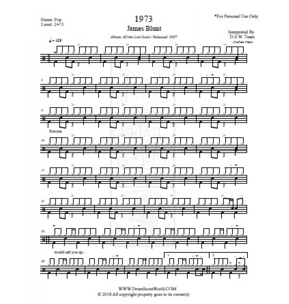 James Blunt - 1973 - Partitura per batteria - BatteriaJames Blunt - 1973 - Partitura per batteria - Batteria  