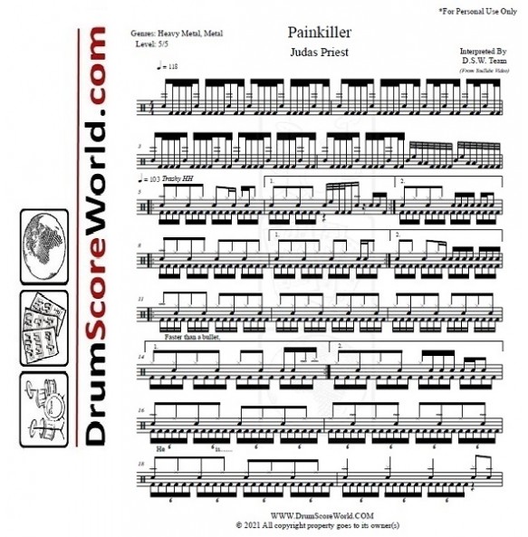 Judas Priest - Painkiller - Drum Score - Drum Sheet,Drum Note,Drum ...