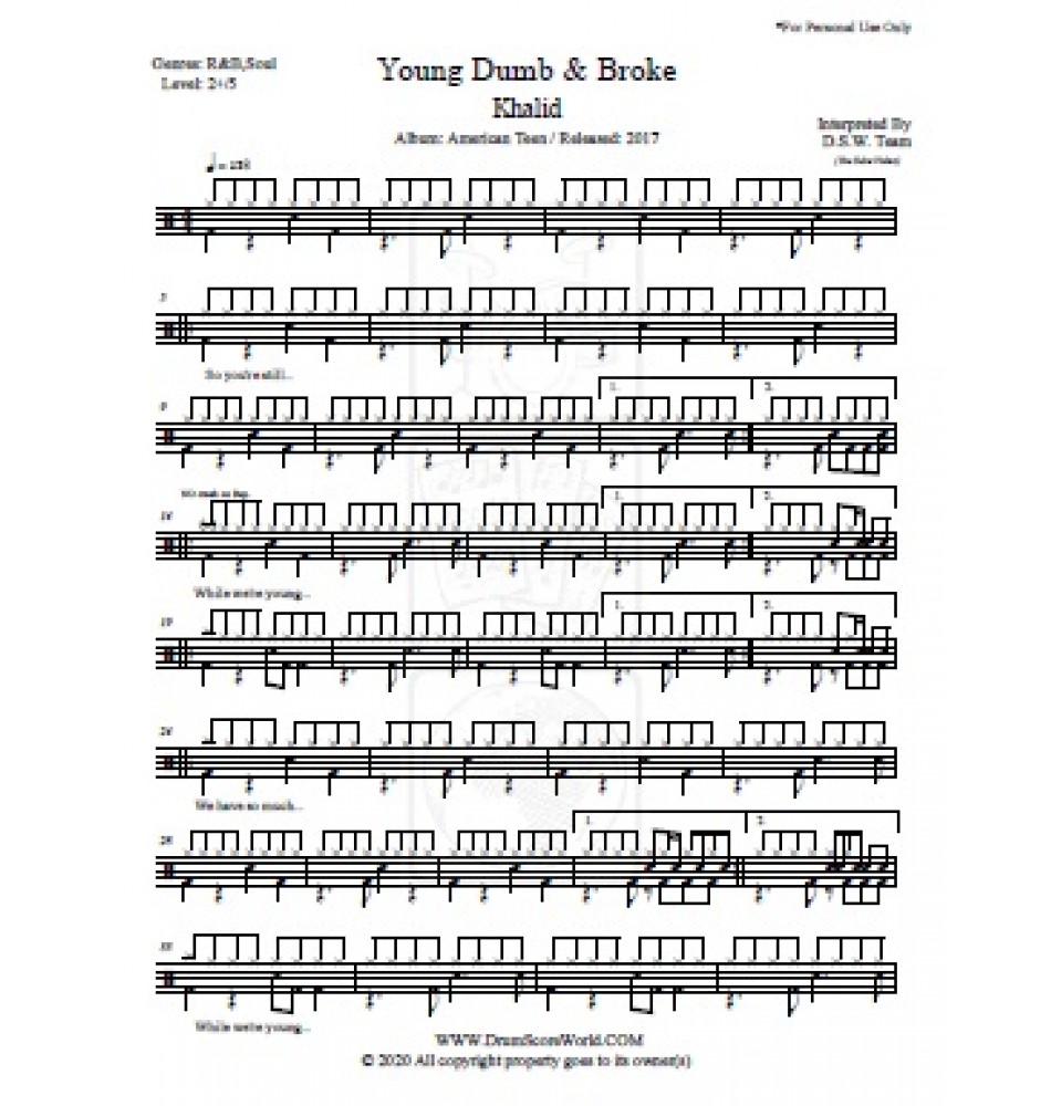 Khalid Young Dumb Broke Drum Score Drum Sheet Drum Note Drum Transcription Score De Tambour Partitions De Batteries Schlagzeug Score Punteggio Di Batteria Puntaje De Bateria Pontuacao Do Tambor 드럼악보 위잉위잉 ドラムスコア 鼓得分 북 점수 - roblox id code for young dumb and broke