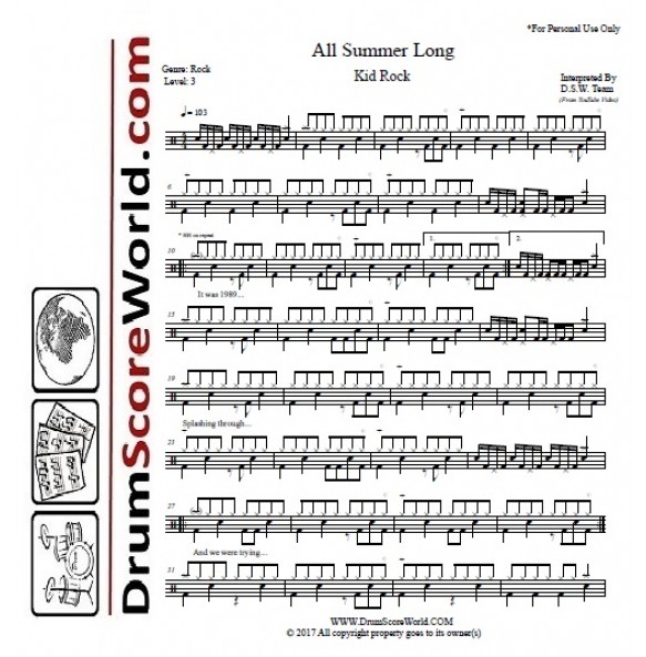 Kid Rock - All Summer Long - Drum Score - Drum Sheet,Drum Note,Drum ...