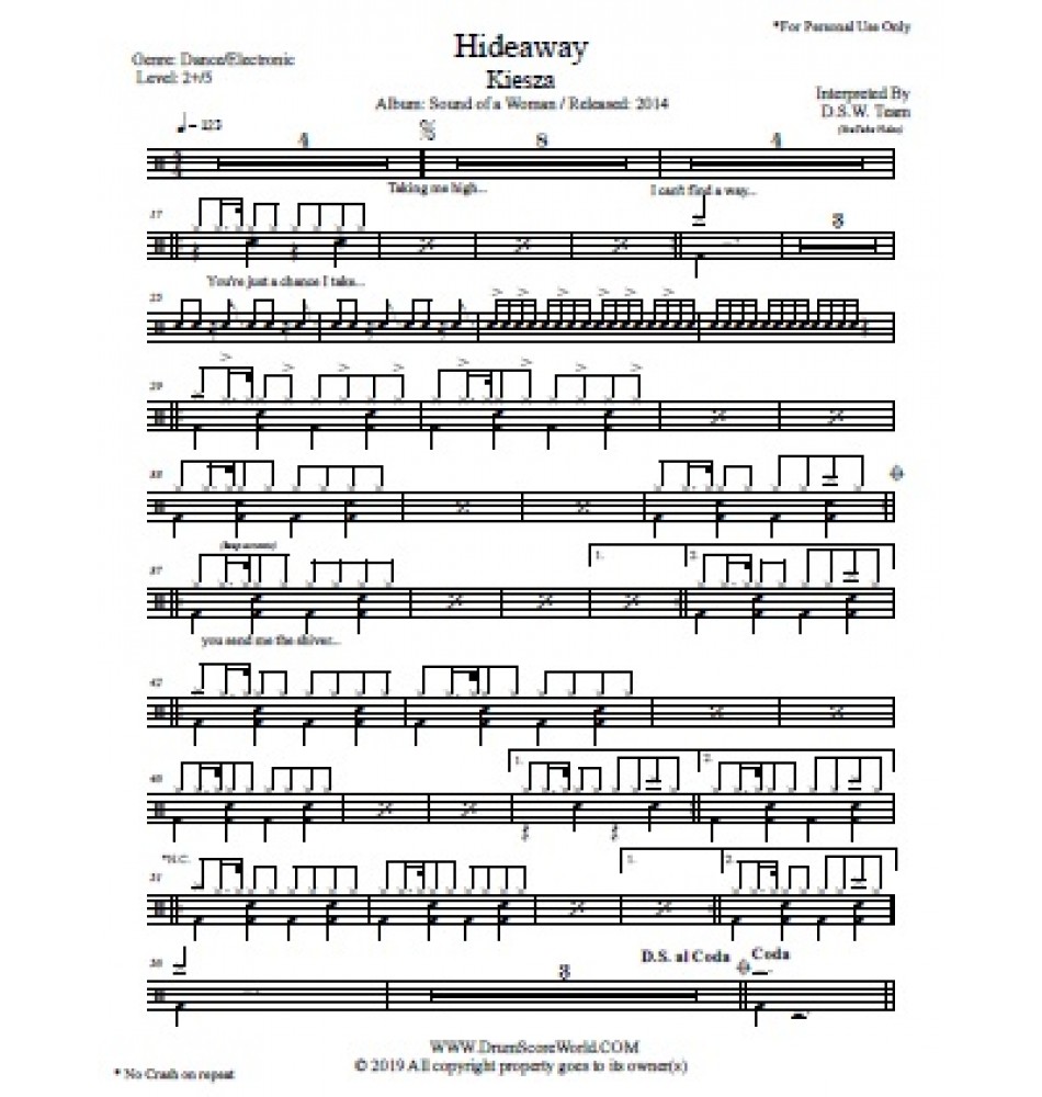 Kiesza Hideaway Drum Score Drum Sheet Drum Note Drum Transcription Score De Tambour Partitions De Batteries Schlagzeug Score Punteggio Di Batteria Puntaje De Bateria Pontuacao Do Tambor 드럼악보 위잉위잉 ドラムスコア 鼓得分 북 점수