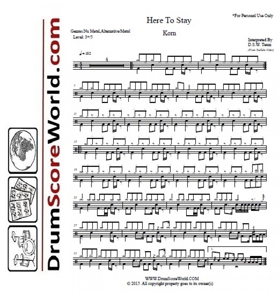 Korn - Here To Stay - Drum Sheet - Drum Score - Drum Note - Drum ...