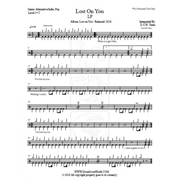 LP - Lost On You - Drum Score, Drum Sheet,Drum Note,Drum Transcription ...