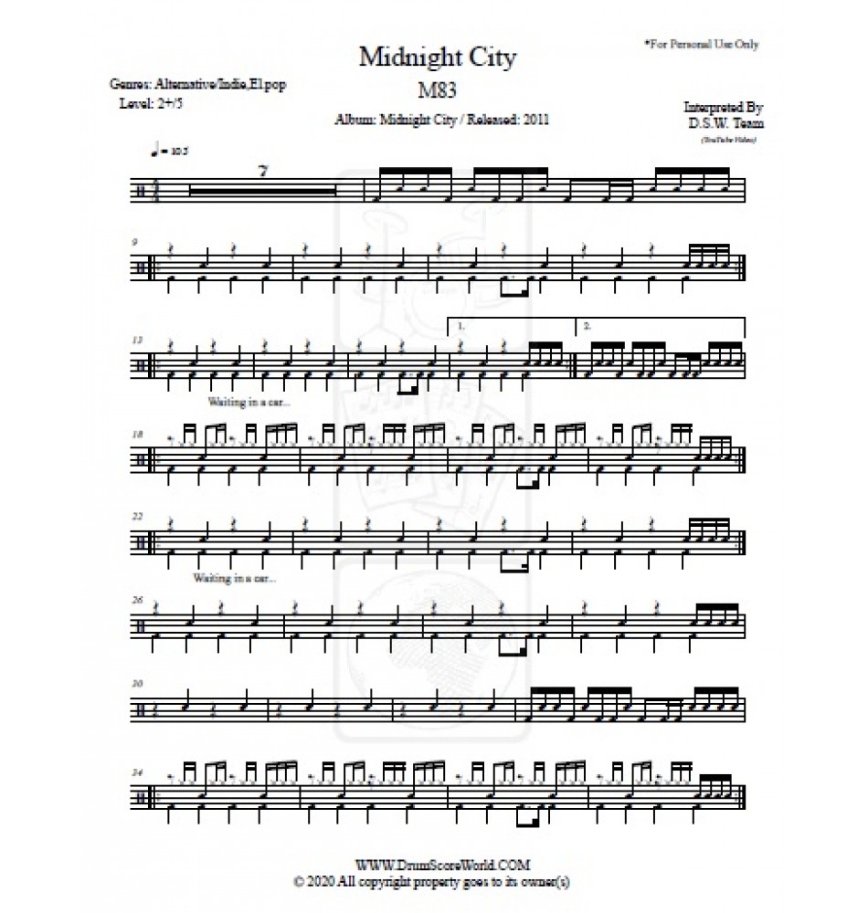 M83 - Midnight City - Drum Score,Drum Sheet,Drum Note,Drum ...