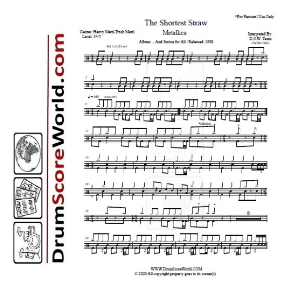 Metallica - The Shortest Straw - Drum Sheet - Drum Score - Drum Note ...