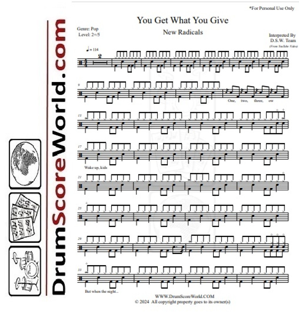 New Radicals - You Get What You Give - Drum Sheet - Drum Score - Drum ...