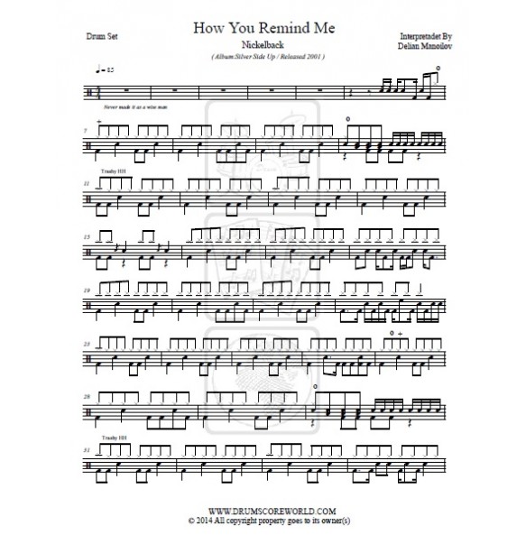 Nickelback - How You Remind Me - Drum Sheet - Drum Score - 드럼악보 - ドラム ...