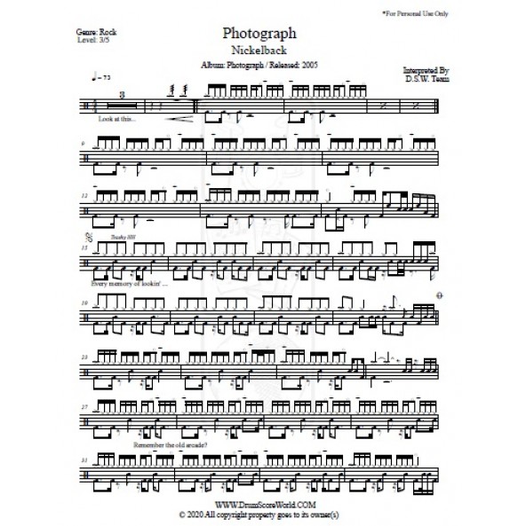 Nickelback - Photograph - Drum Sheet - Drum Score