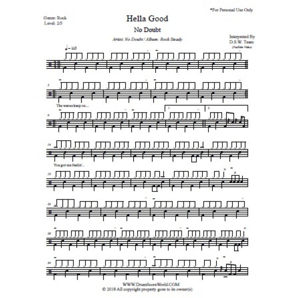 No Doubt - Hella Good - Drum Score, Drum Sheet, Drum Note, Drum ...