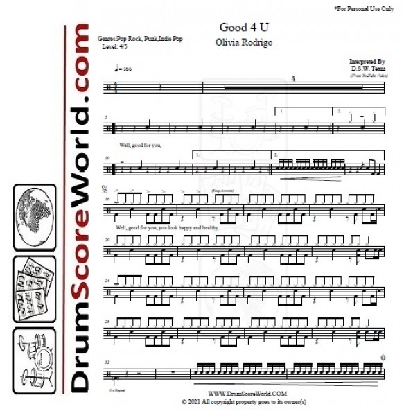 Olivia Rodrigo - Good 4 U - Drum Sheet - Drum Score - Drum Note - Drum ...