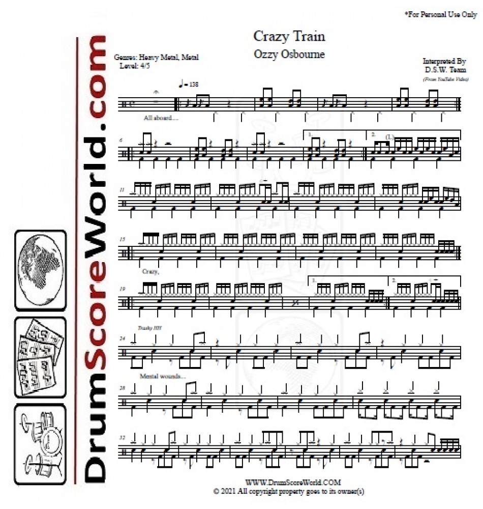 Ozzy Osbourne - Crazy Train - Drum Score,Drum Sheet,Drum Note,Drum ...