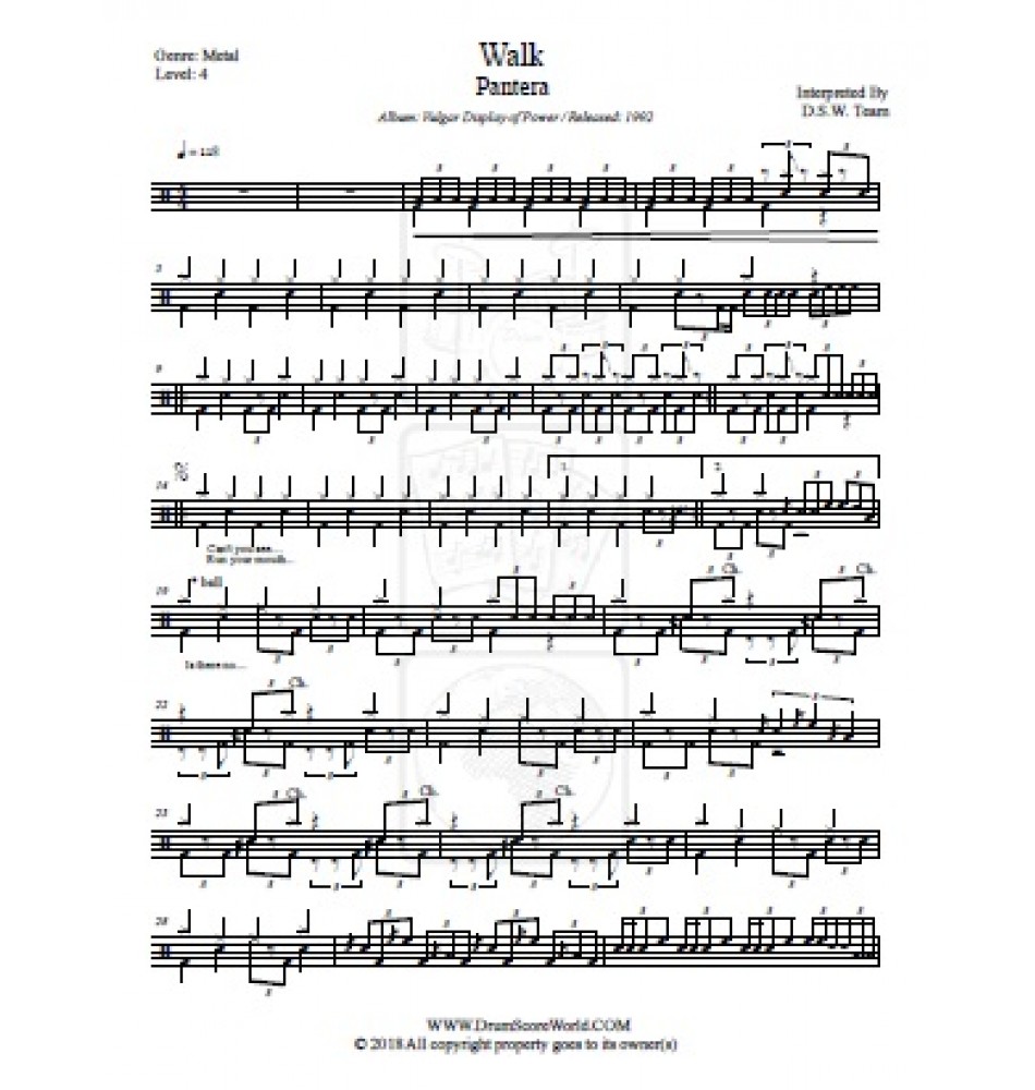 Pantera - Walk - Drum Score -Drum Sheet