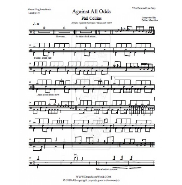 Phil Collins – Against All Odds - Drum Score - Drum Sheet - 드럼악보 - ドラム ...