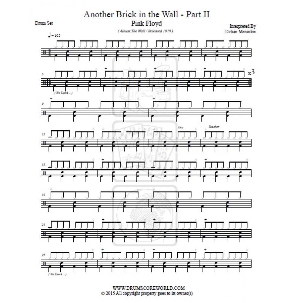 Another Brick in the Wall (Part 2) - Pink Floyd - Drum Sheet Music