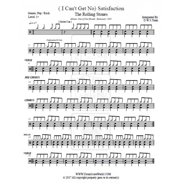 Rolling Stones - (I Can't Get No) Satisfaction,Drum Score, Drum Sheet ...