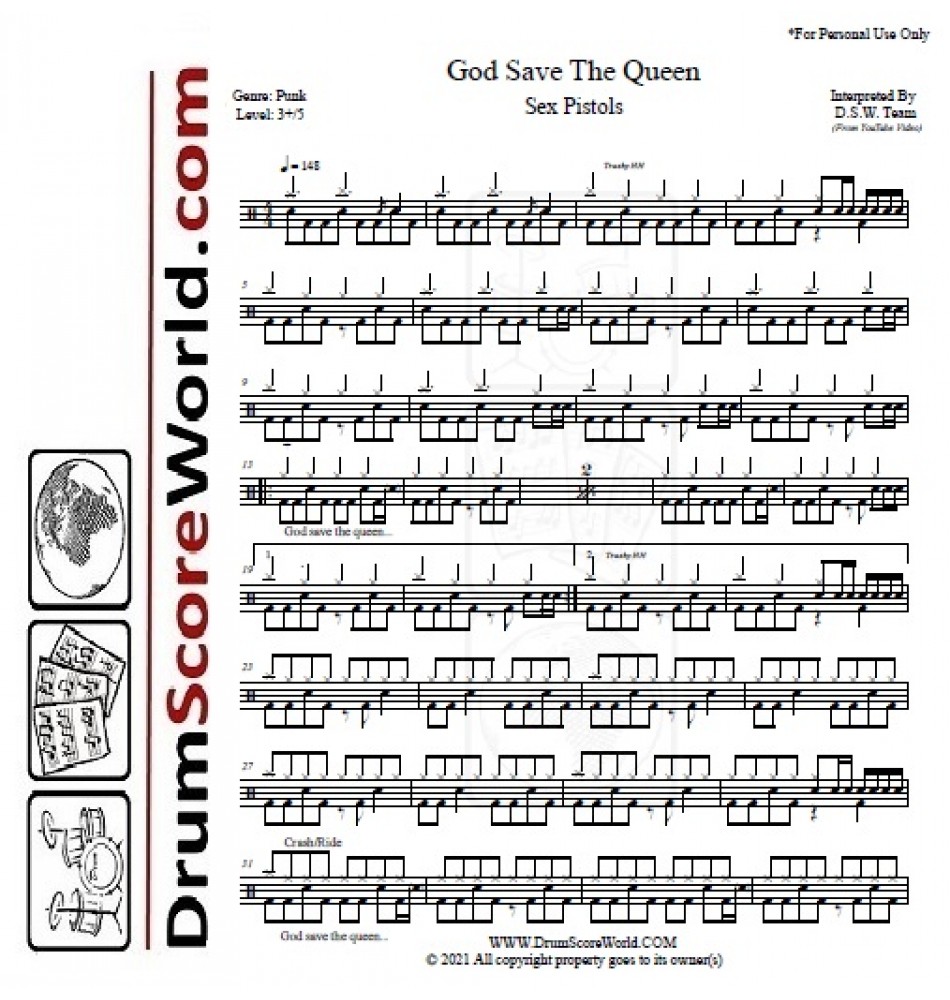 Sex Pistols - God Save The Queen - Drum Score,Drum Sheet,Drum Note,Drum  Transcription,Score De Tambour,Partitions de batteries,鼓得分,鼓谱,북 점수,  Schlagzeug-Score,Punteggio Di Batteria,Puntaje De Batería,Pontuação do  tambor,드럼악보]위잉위잉,ドラム ...