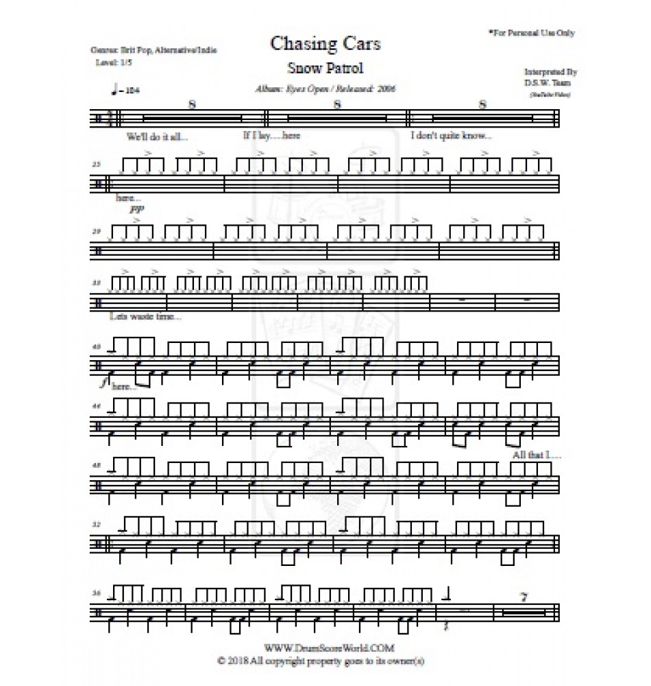 Snow Patrol - Chasing Cars - Drum Score, Drum Sheet,Drum Note,Drum
