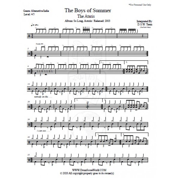 The Ataris - The Boys of Summer - Drum Score,Drum Sheet,Drum Note,Drum ...