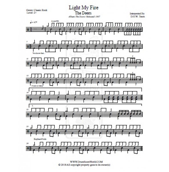 The Doors - Light My Fire - Drum Score - Drum Sheet - Drum Note - Drum ...