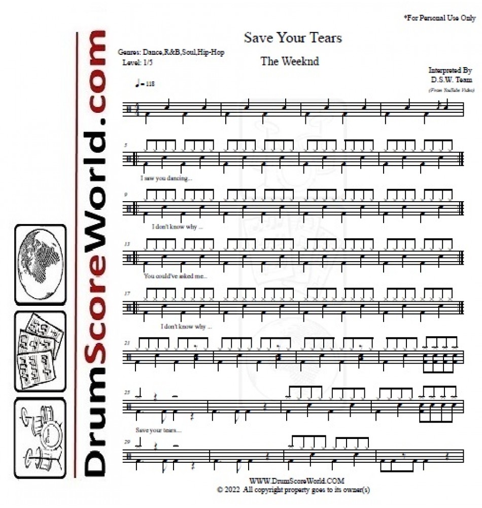 The Weeknd - Save Your Tears - Drum Sheet - Drum Score - Drum Note ...