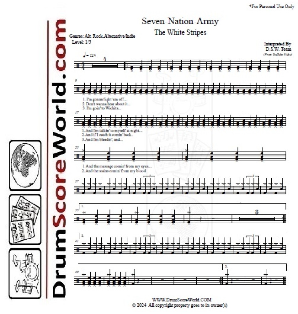 The White Stripes - Seven Nation Army - Drum Sheet - Drum Score - Drum ...