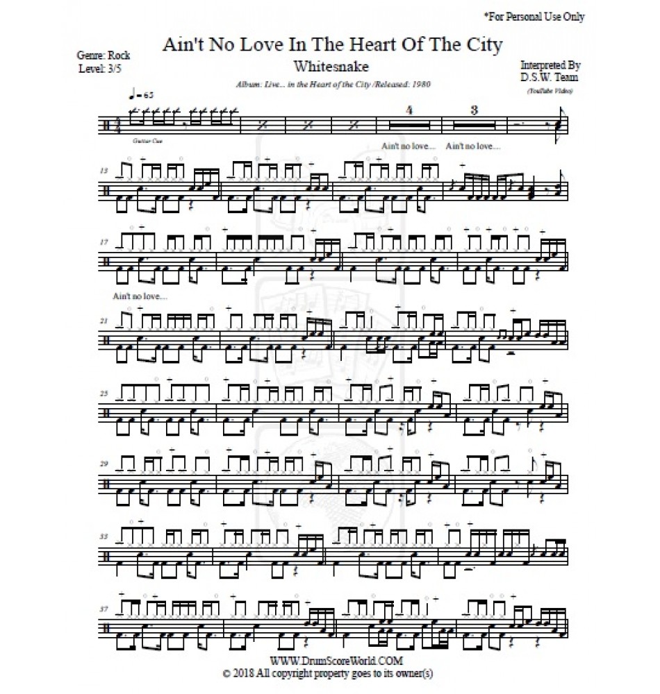 Whitesnake Ain T No Love In The Heart Of The City Drum Score Drum Sheet Drum Note Drum Transcription Score De Tambour Partitions De Batteries Schlagzeug Score Punteggio Di Batteria Puntaje De Bateria ドラムスコア 鼓得分 북 점수